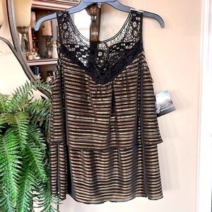 Brand New Signature Studio Black w/ Metallic Gold Tone Striped Ruffle Tank Top